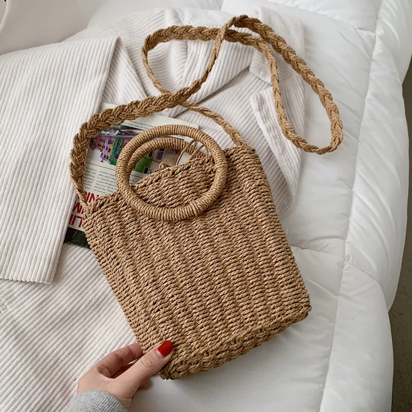 

Round Handle Design Straw Rattan Crossbody Bag For Women 2021 Simple Trendy Luxury Summer Solid Color Handbags Female Travel