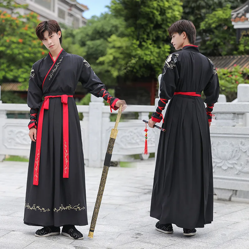 

Traditional Hanfu Male Martial Arts Style Swordsman Embroidered Collar Underskirt Black Ancient Costume CP Performance Costume