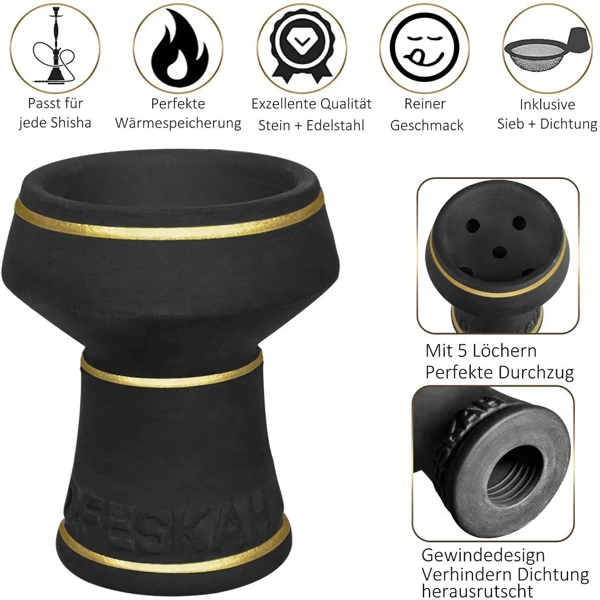 Набор головки для кальяна dfeska черная каменная головка с дымовым креплением и