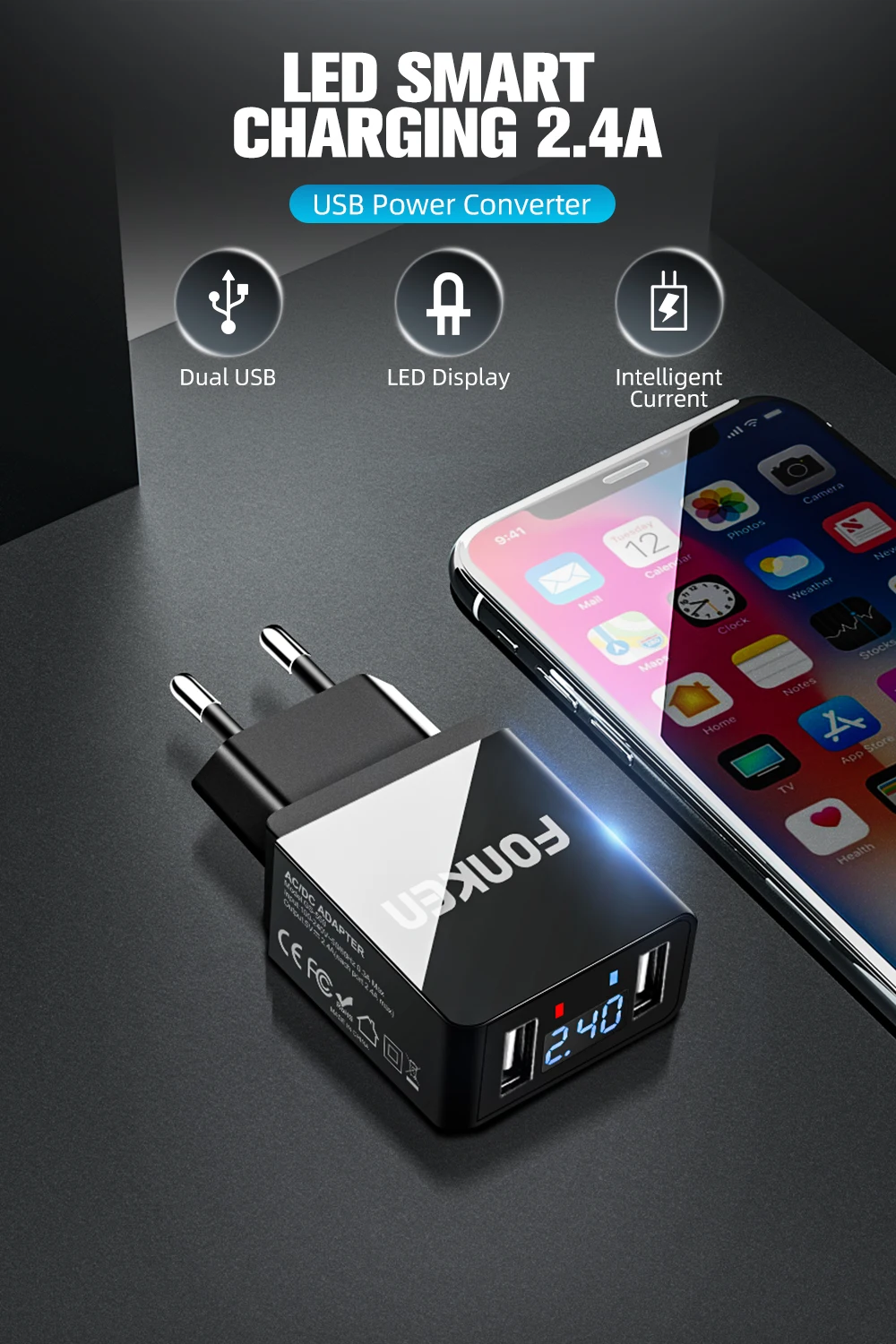 Светодиодный дисплей FONKEN, двойное зарядное устройство USB, макс. A, зарядка для телефона, умная быстрая зарядка, 2 порта, настенное зарядное устройство для мобильного телефона, адаптер