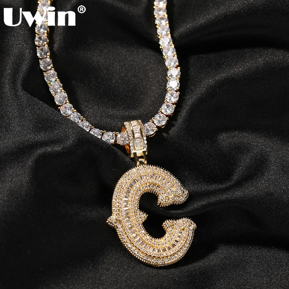 UWIN Initial Letter Pendant Necklace for Women Men Iced Out Baguette Zircon Charms with Tennis Chain Hip Hop Jewelry for Gift