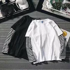 Футболка женская хлопковая в стиле Харадзюку, рубашка свободного покроя с длинным рукавом, имитация двух предметов, корейский стиль, хип-хоп, черная белая, на осень