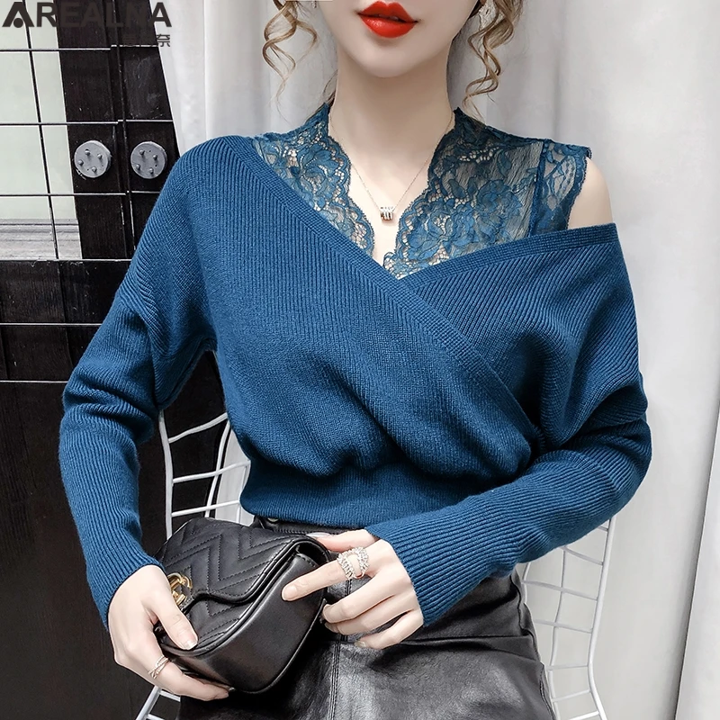 

off shoulder lace stitching Knitted Sweater Women Autumn Winter Elegant Femme Pullovers V-Neck sexy Long Sleeve sweater Tops