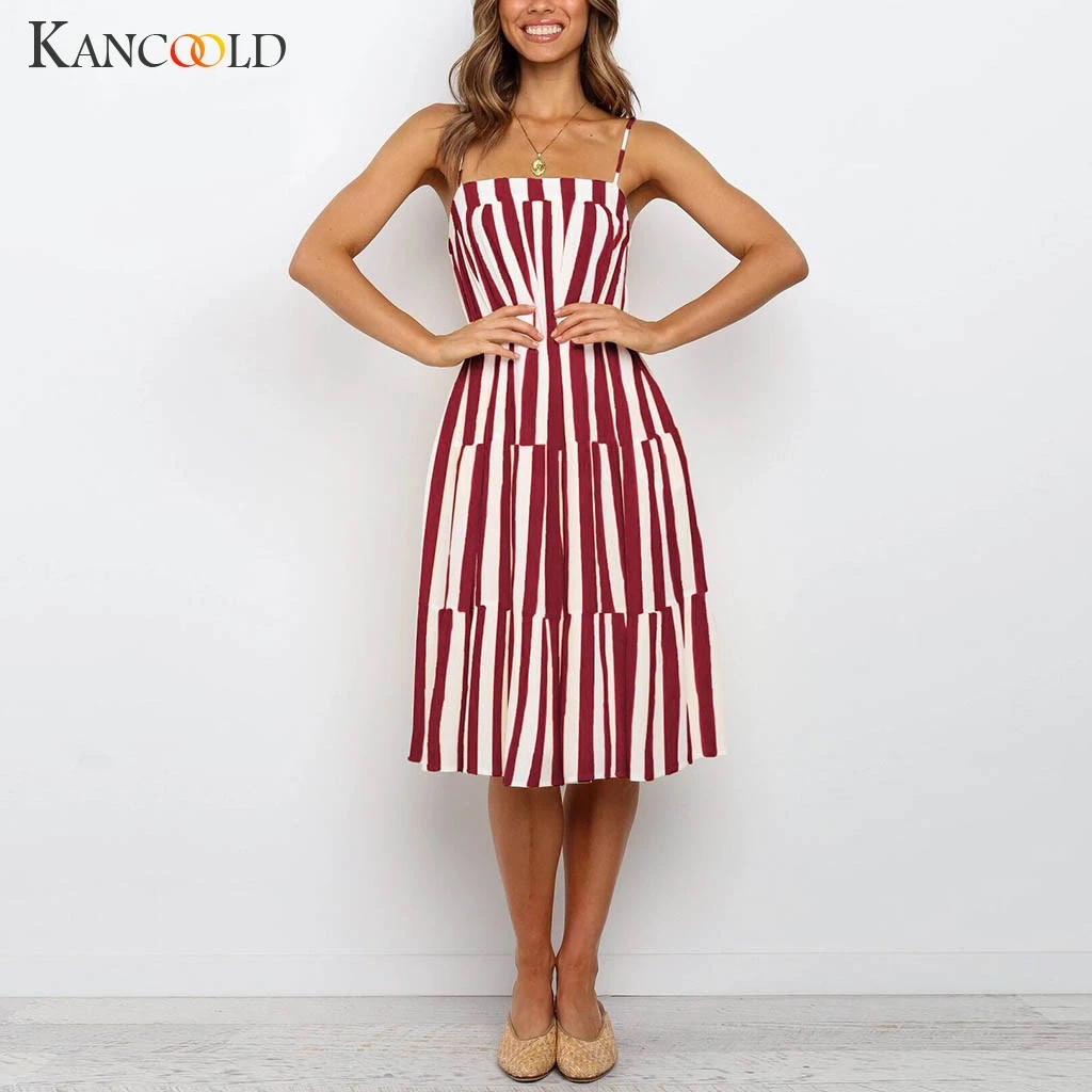 Женское платье в полоску KANCOOLD вечернее без рукавов с v образным вырезом и поясом