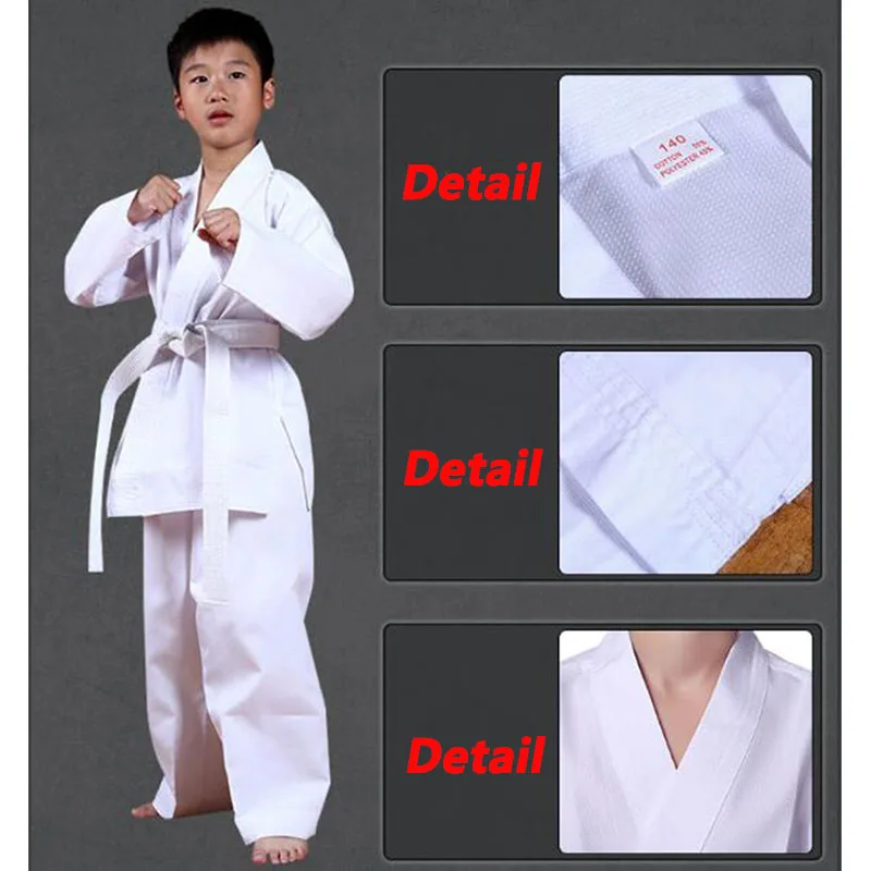 Белая униформа Каратэ с ремнями одежда для тхэквондо студентов детей взрослых