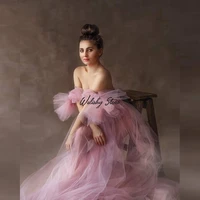pretty sweet pink see thru long tulle dress sexy strapless puffy ruffled mesh dresses for photo shoot maternity women dress
