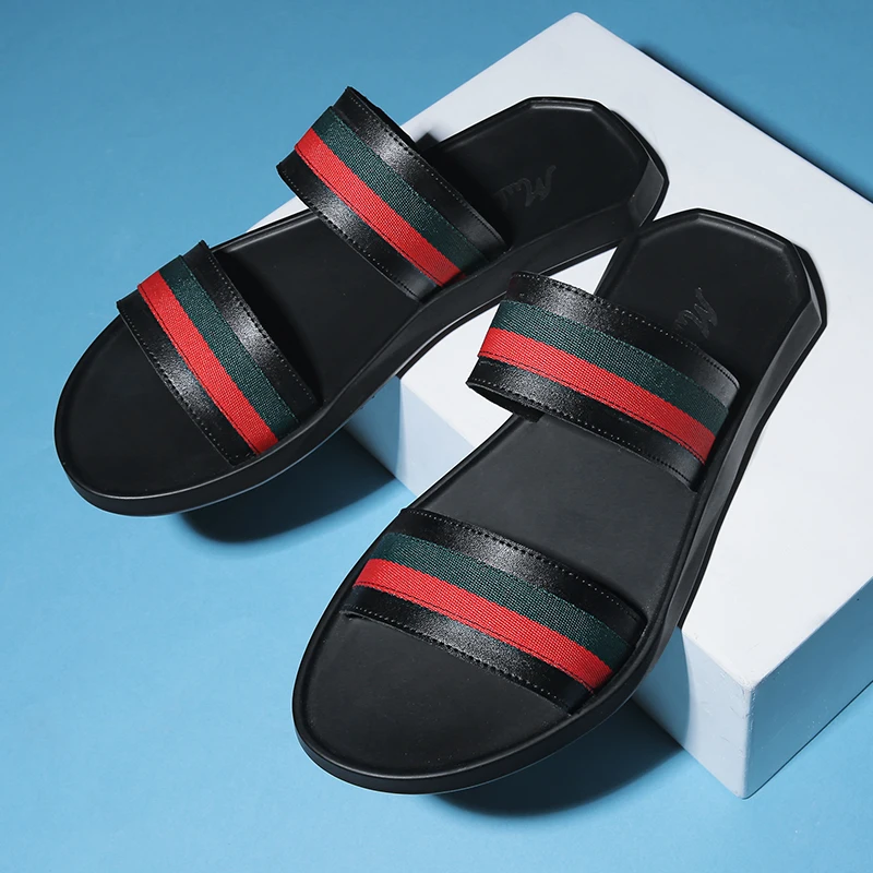 

YEINSHAARS Top Quality Men Leather Shoes Flip Flops Anti-slip Mens Striped Comfortable Massage Beach Slippers Sneakers