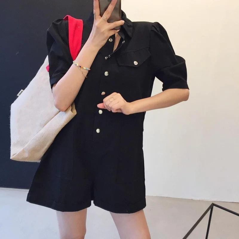 

Korejpaa Women Jumpsuit 2021 Korea Chic Wild Lapel Metal Single-breasted Loose Ring Belt Multi-pocket Tooling Short Rompers