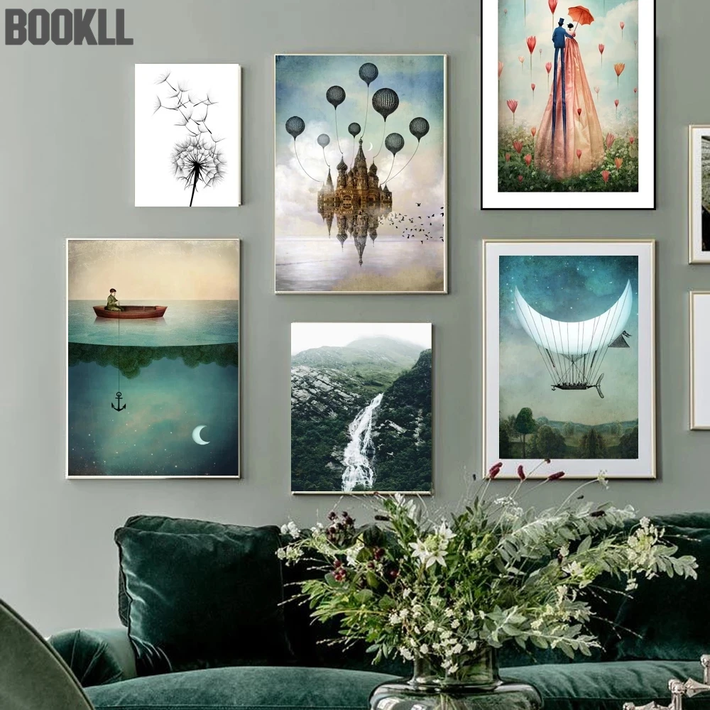 

Abstract Moon Waterfall Picture Scandinavian Poster Nordic Style Print Nature Scenery Wall Art Canvas Painting Modern Room Decor