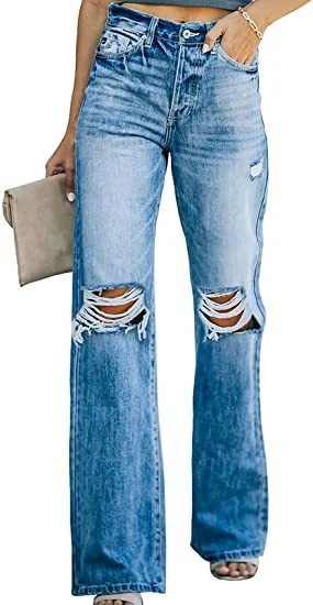 

Summer High Waist Temperament Washed Hole Casual Denim Pants Punk Rock Straight Women Trousers Summer Elastic Waist