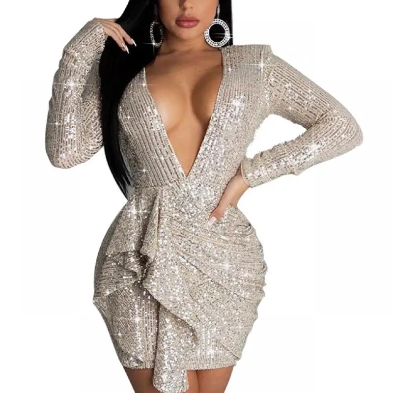 

Sequined Dress Women Sexy Night Club Pencil Dresses 2021 Long Sleeve Deep V Backless Hollow Plus Size 4xl Ruffled Mini Vestidos