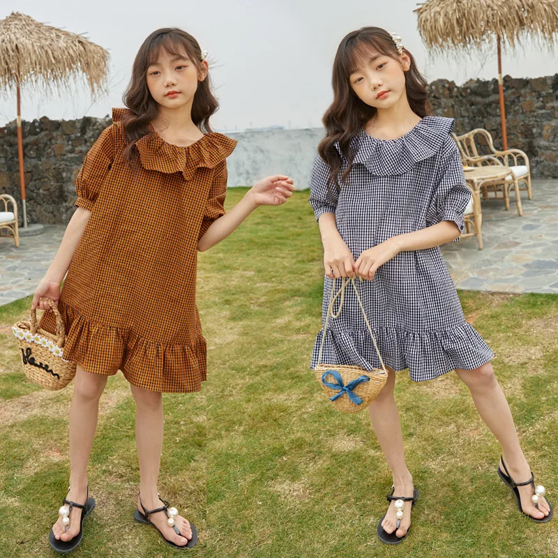 

Girls Summer Clothing 2020 New Teenager Girls Cotton Plaid Dress Korean Style Sweet Ruffled Casual Dresses Brief Retro, #8837