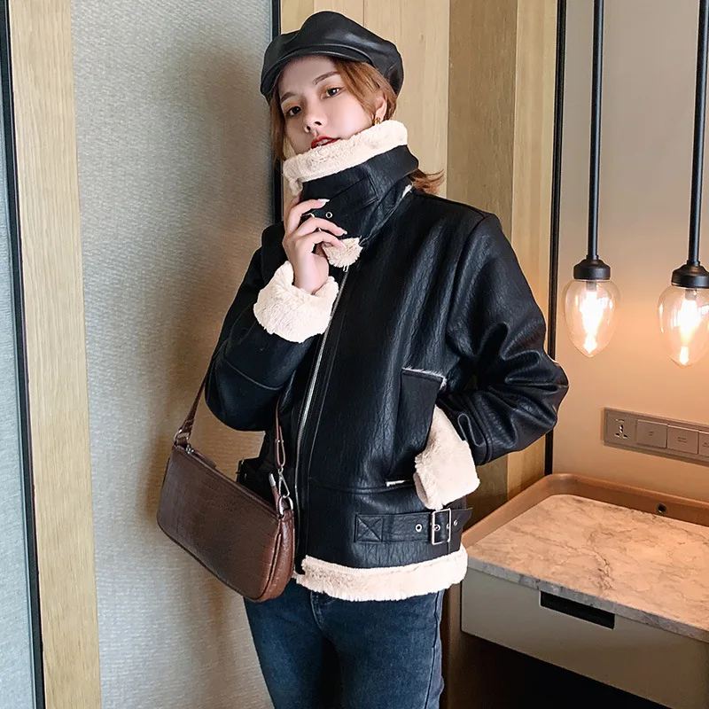 

2021 Winter Parkas Women Thick Faux Leather Fur Collar Coat Female PU Leather Short Jacket Aviator Autobike Lambswool Jacket
