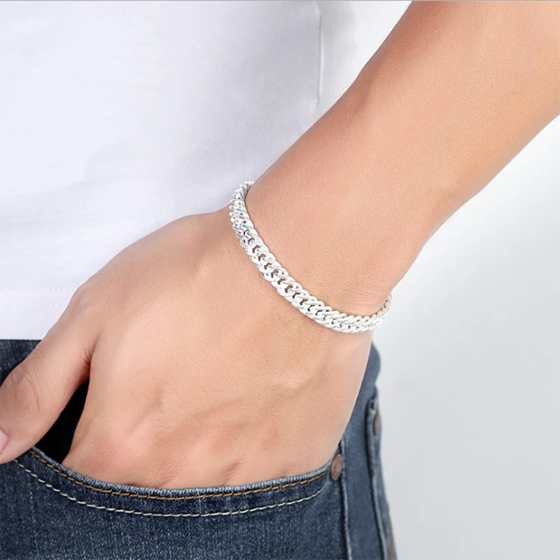 6mmX20cm Bracelet men's fashion personality handmade whip chain S990 silver bracelet coarse jewelry wholesale - Окраска металла: 6mmX20cm