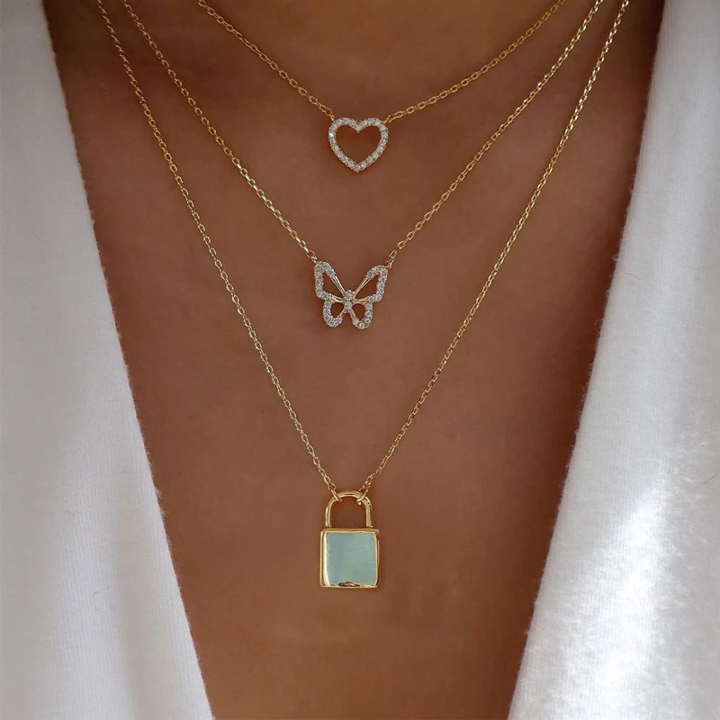 boho Lock Pendant Necklace For Women Heart Butterfly Multi Layer Necklace  Choker butterfly jewelry 1pc fashion butterfly necklace women necklaces chic accessories multi layer butterfly clavicle chain choker exquisite pendant