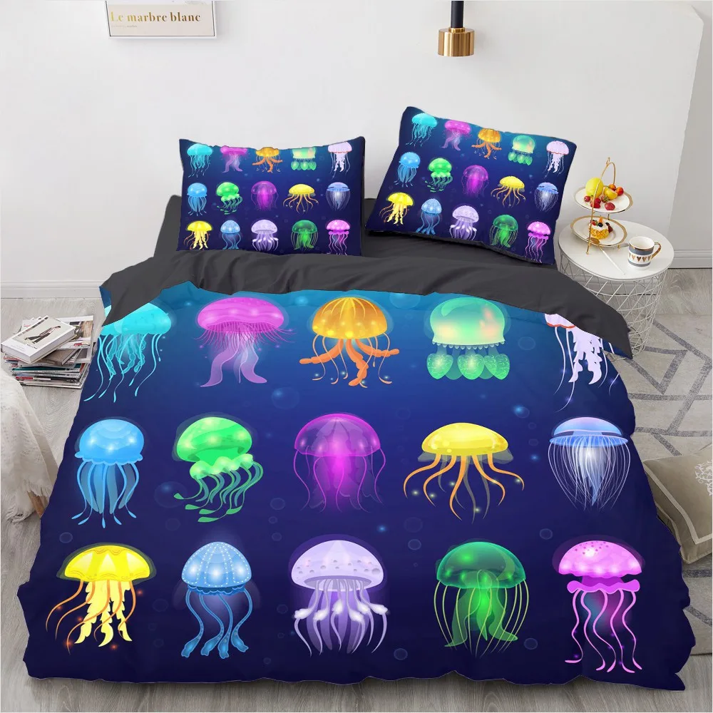 

3D Jellyfish Bedding Set Custom Design Animal Bed Black Comforther Cases Pillow Covers 180*200cm Full Queen King Size