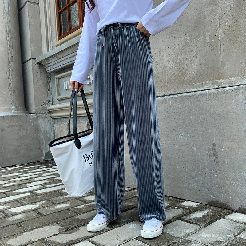 

Gold velvet wide-leg pants women 2019 autumn and winter new straight pants high waist stripe mop pants wide leg pants