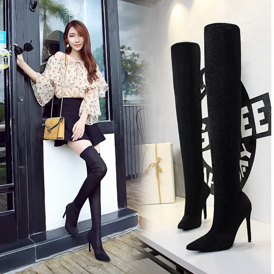 Высокие сапоги до бедра Сапоги выше колена женские замшевые 2019 г. на высоком