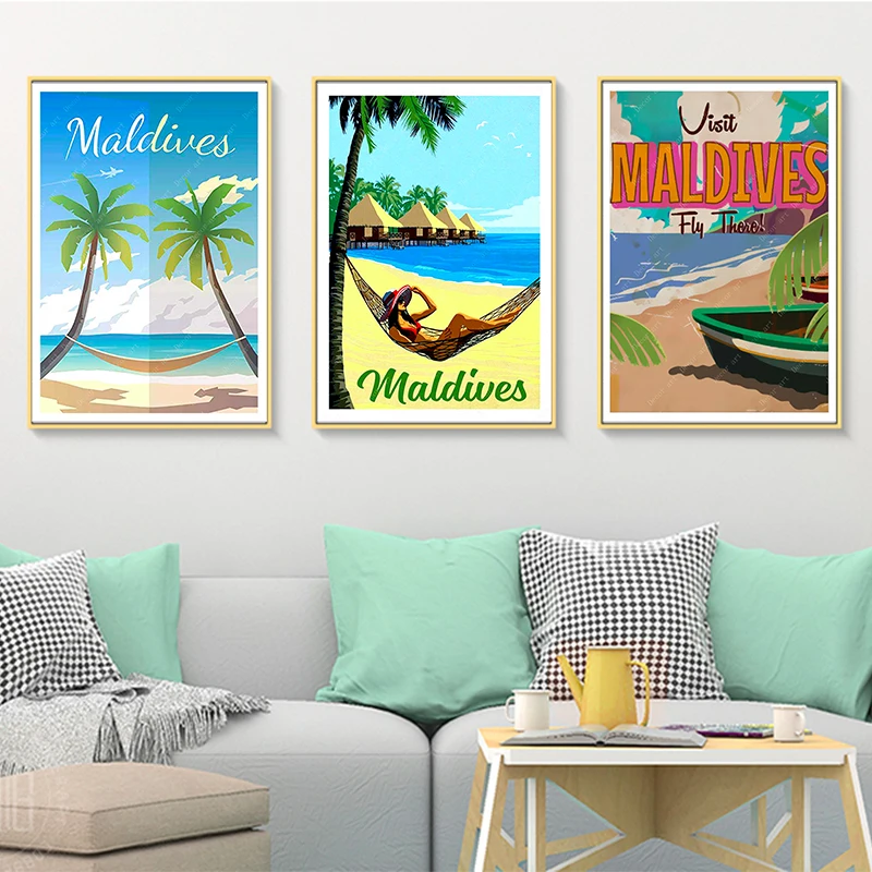 Тропический остров Мальдивы поп арт путешествия холст картины винтажные крафт