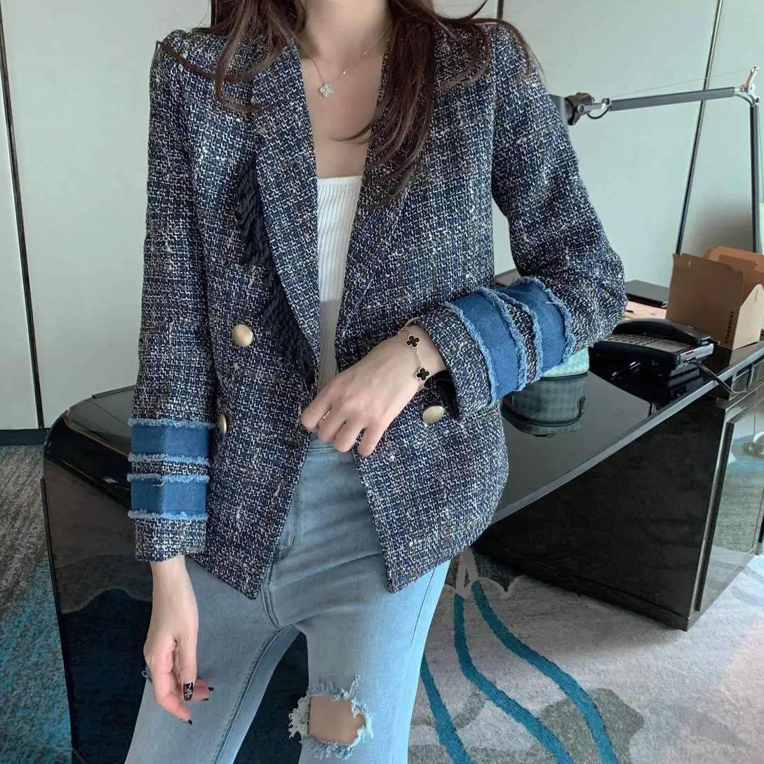 

New Elegant Fashion Women Spring Autumn Spliced Plaid Suit Top Fashion Slim Double Breasted Small Jacket
