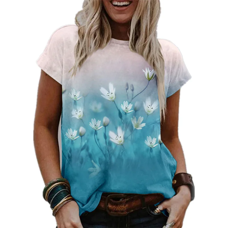 

Summer Women's Tee Watercolor Painting Print Round Neck Short Sleeve T-Shirt Top Casual Fashion Printed Shirt S-3XL Plus Size