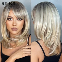 emmor medium straight brown ombre blonde synthetic wigs with bangs for black women soft layered heat resistant cosplay hair wig