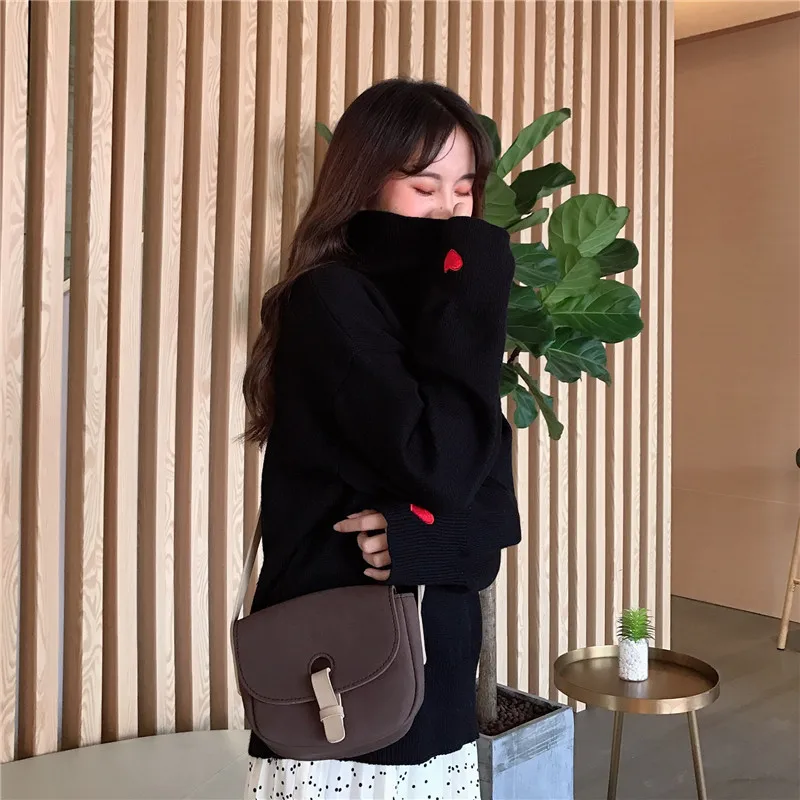 Autumn Winter Korean Sweet Turtleneck Sweaters Women Fashion Cute Love Heart Embroidery Loose Jumper Female All Match Knit Tops | Женская