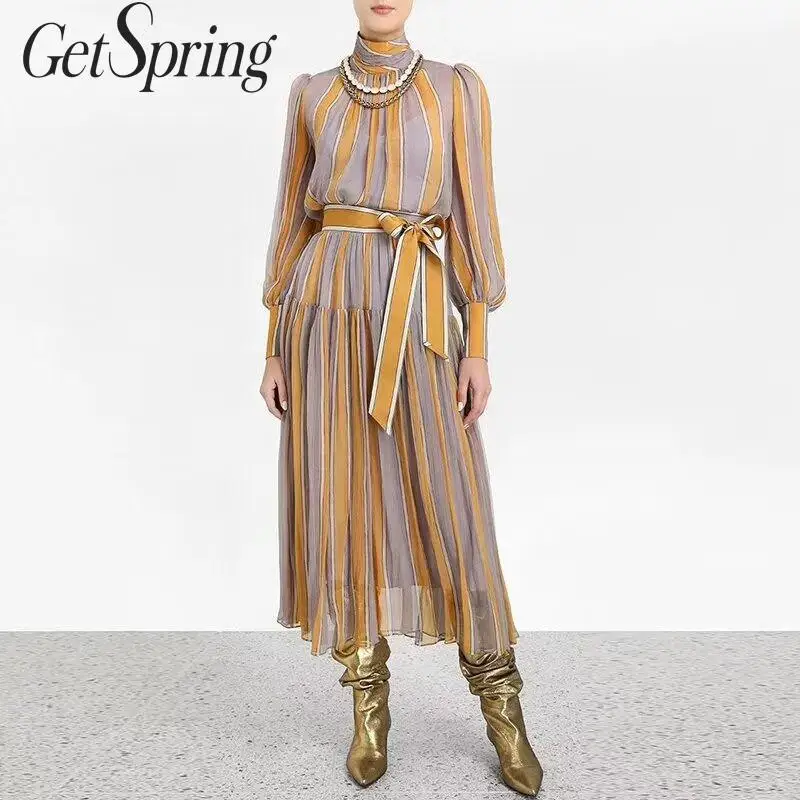 Getвесеннее женское платье со стоячим воротником рукавом-фонариком Полосатое