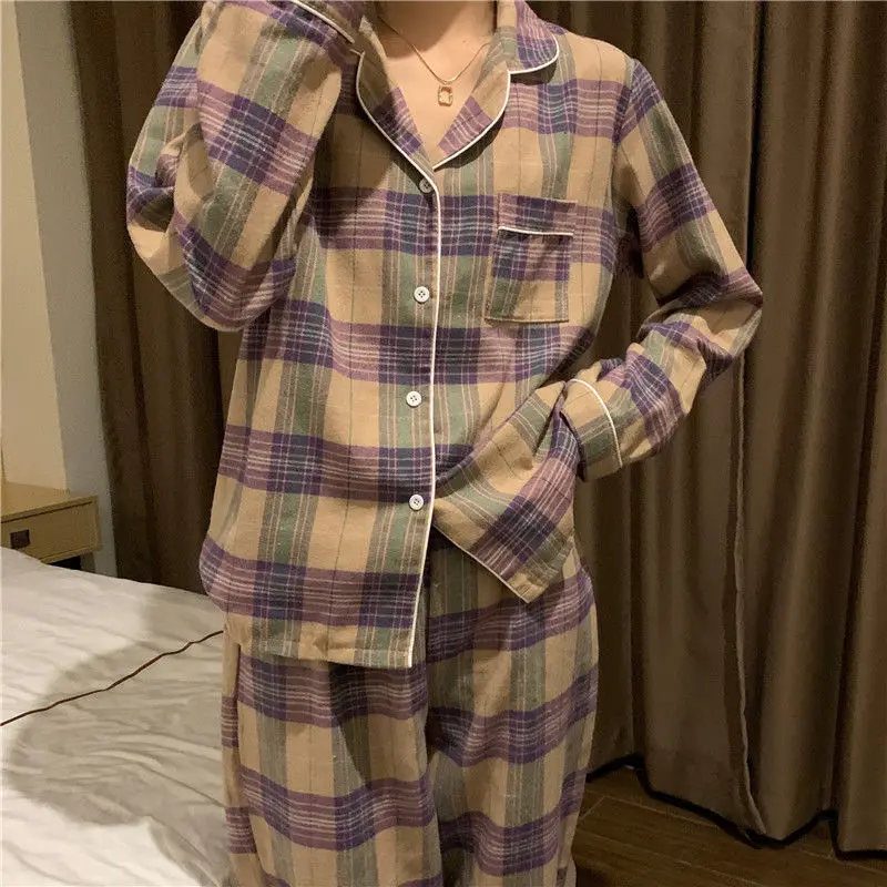 Пижамные комплекты женские стильные клетчатые кавайные длинные популярные