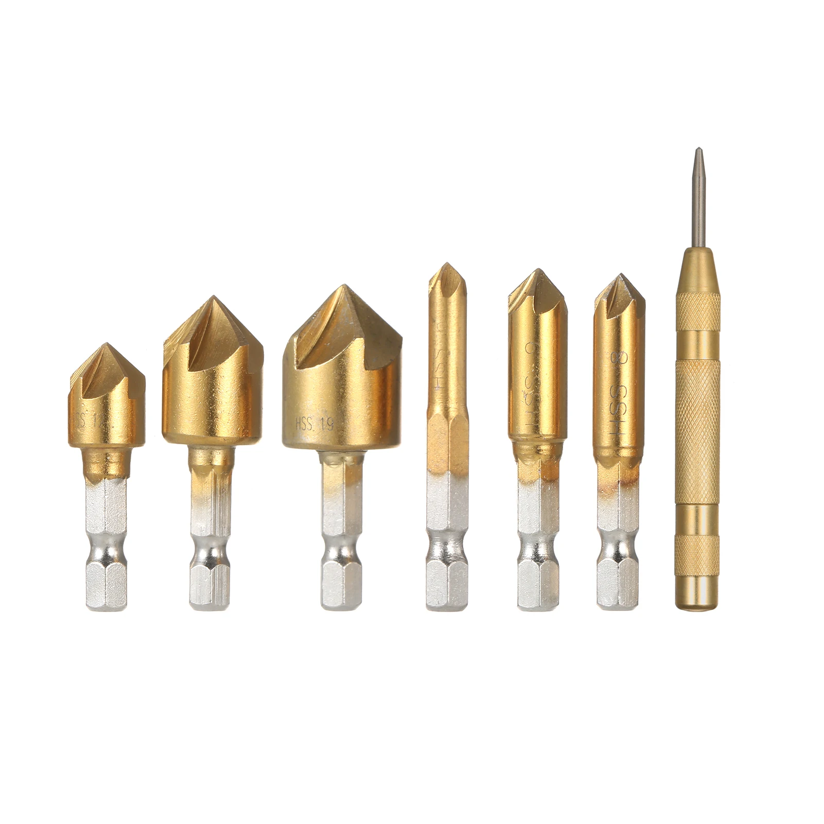 

6pcs Chamfer 90 Degrees Five Blade High Carbon Steel 1/4-inch Hexagonal Shank Five Edge Chamfer Countersink Set 6mm -19mm