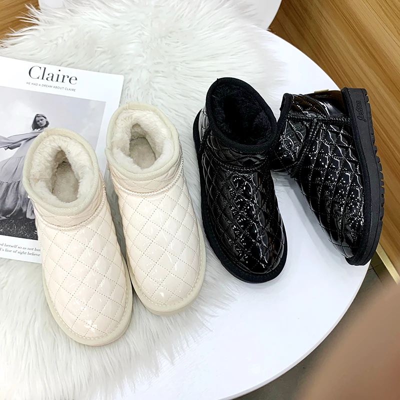 

Женская обувь, зимние ботинки, женские ботинки на Плоском Каблуке, 2021, средней длины, из резины и кожи, простые, с меховой овчиной, римские, ко...