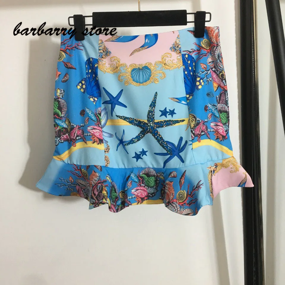2021 luxury brand ocean cartoon print women's skirt set sexy lace up temperament Lapel Shirt Top + high waist slim bag hip skirt