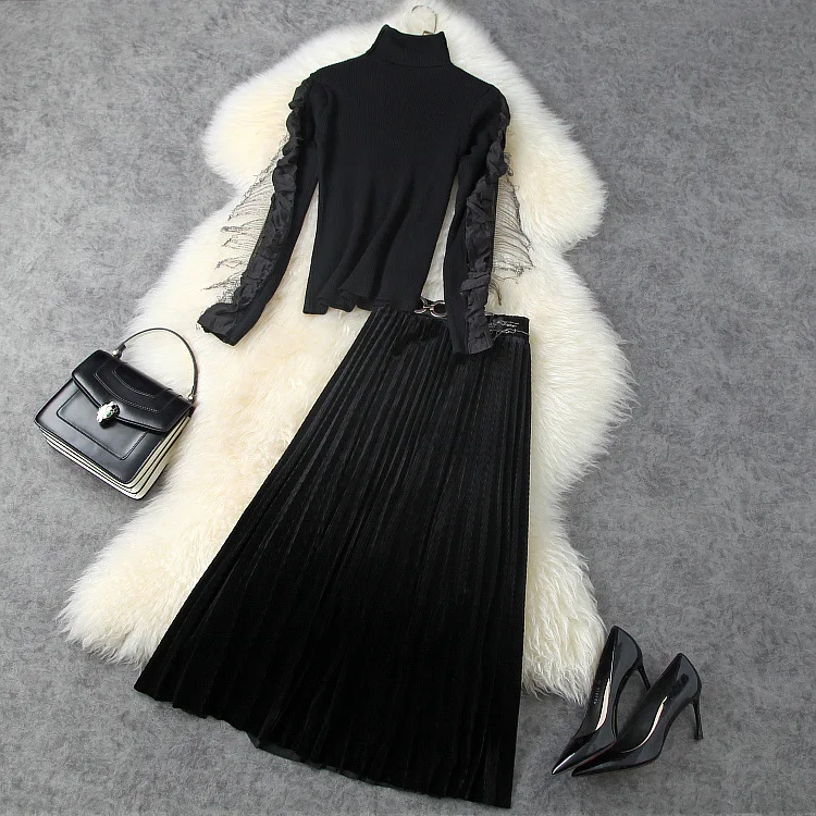 

women's European and American wear 2021 winter new style Long-sleeved fringed sweater Velvet pleated skirt Fashion suits