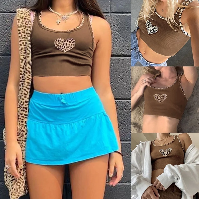 

Кроп-Топ женский с леопардовым принтом, повседневная майка без рукавов, уличный модный топ в стиле пэчворк, Y2K, лето