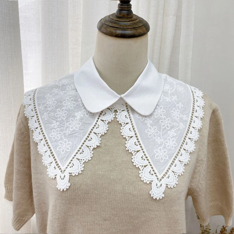

Women Decorative Fake Collar Shawl Hollow Out Floral Lace Trim Lapel Half Shirt Blouse Necklace Detachable Shoulder Wrap