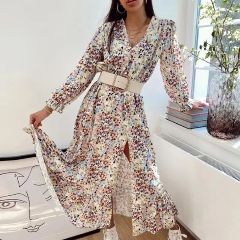 

Summer Casual Women Colorful Holiday Dress Sexy V Neck Split Fork Hollow Out Print Dress Elegant Lady Long Sleeve Slim Fit Dress