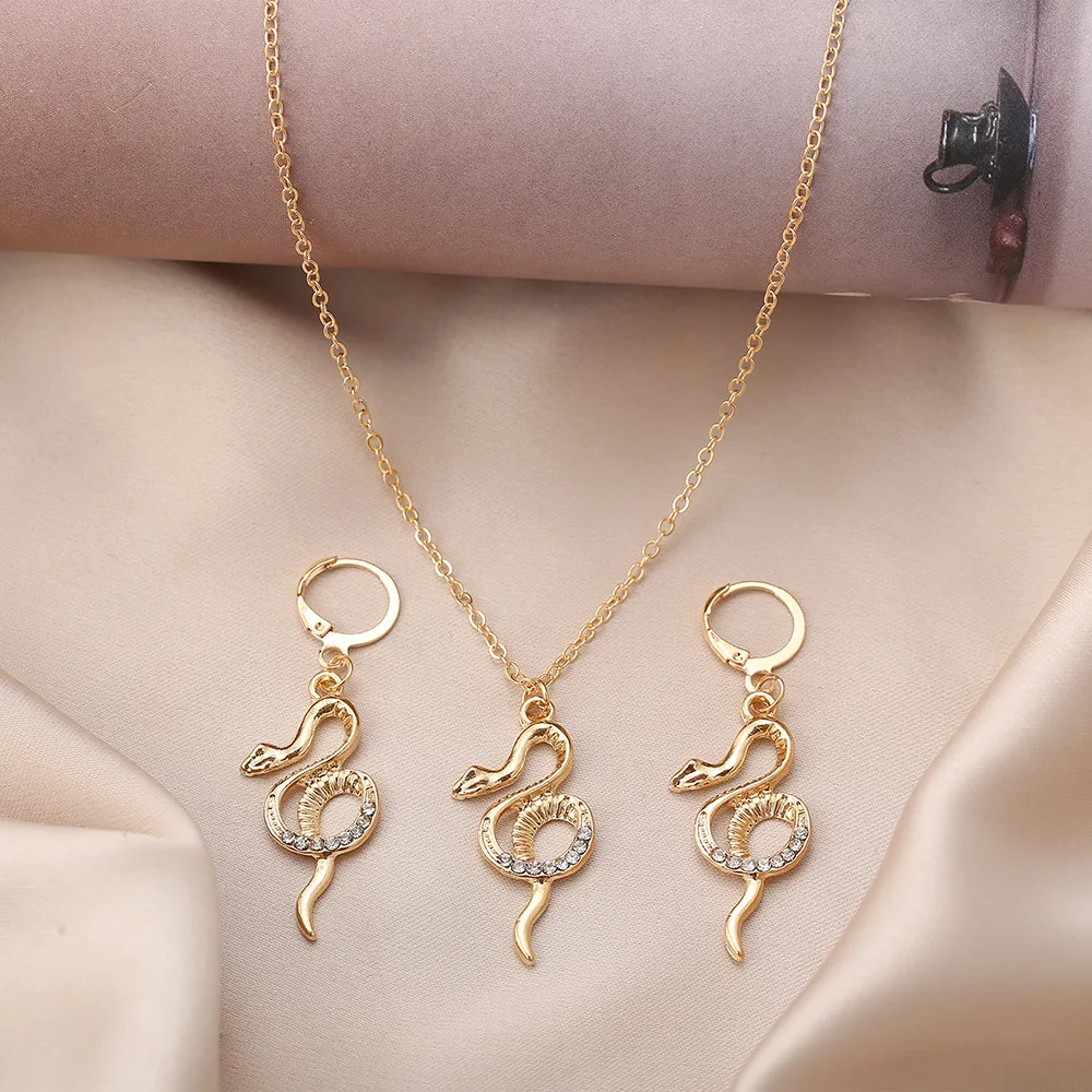 Комплект из 2 предметов змея со стразами ожерелье комплект Золотая женская мода
