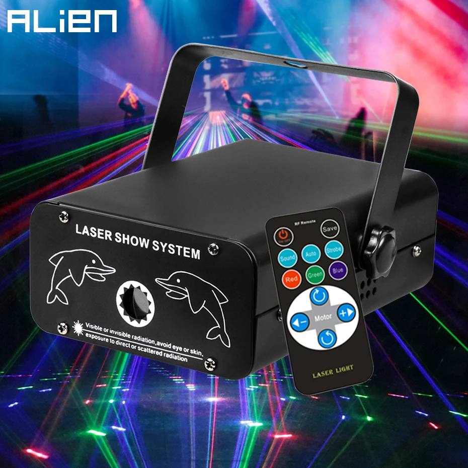ALIEN-proyector de luz láser con control remoto, dispositivo con 16 patrones RGB, para DJ, discotecas, fiestas, bodas, vacaciones, efectos de iluminación de escenario con sonido activo