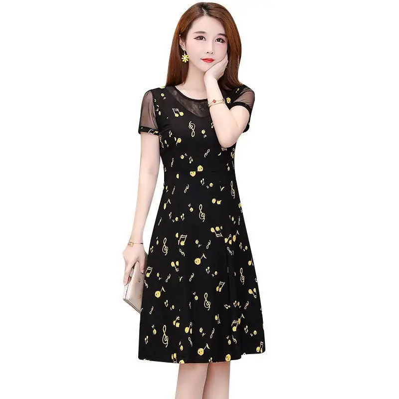 

Loose Fashion Women's Dress Summer Spring O-Neck Short Sleeve A-Line Women's Dress Clothes Musical Note Female Dress SS3403