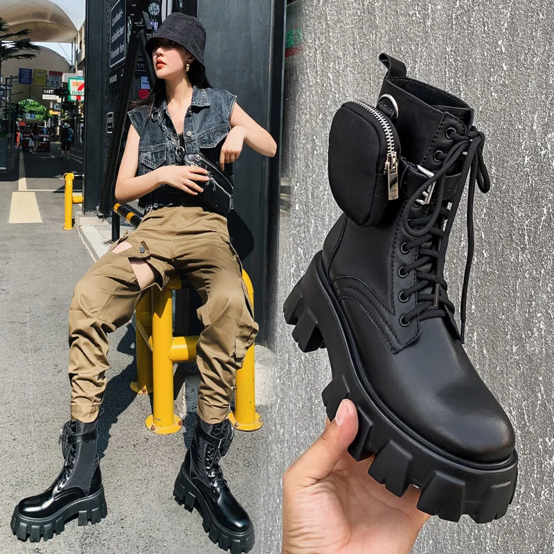 

Кожаные женские мотоциклетные ботинки до середины икры черные ботинки на высоком каблуке со шнуровкой A8