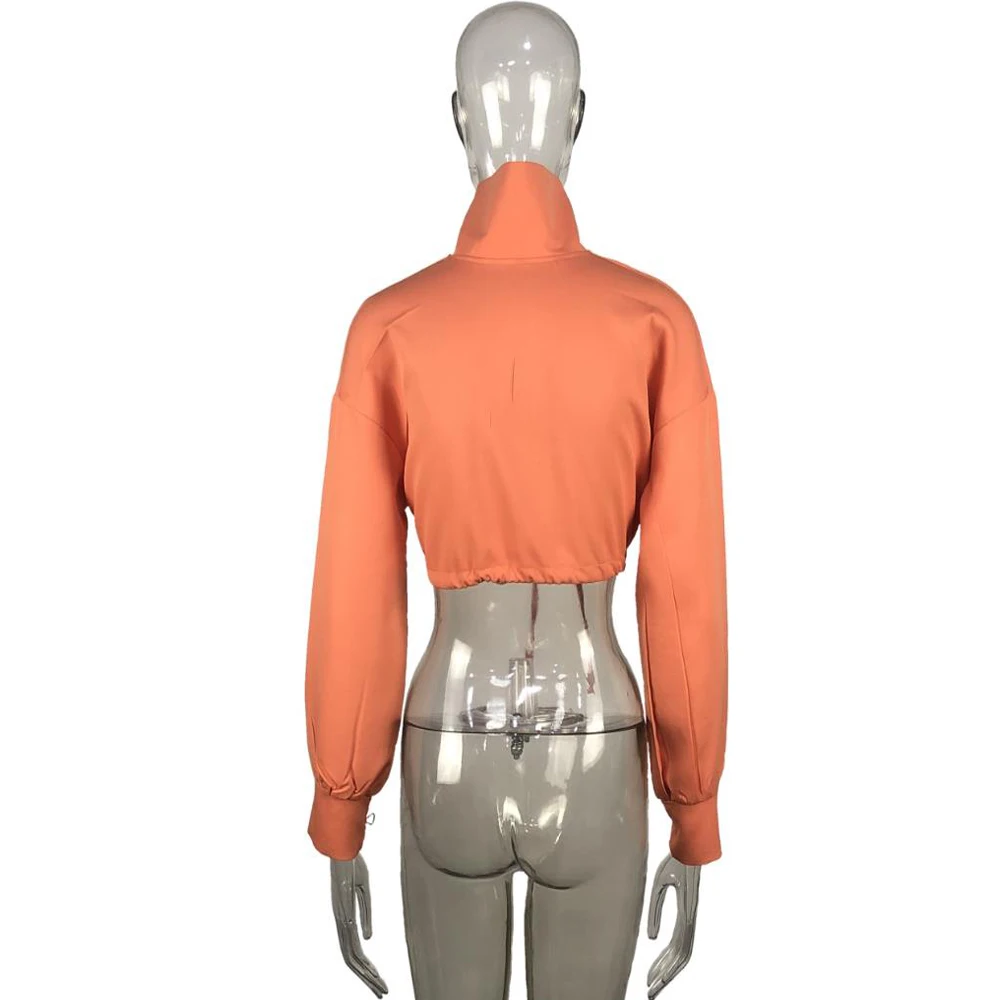 

Casual Women Jackets Long Sleeve Stand Collar Zipper Coat Drawstring Solid Color Crop Top for Ladies Summer Autumn Female Tops