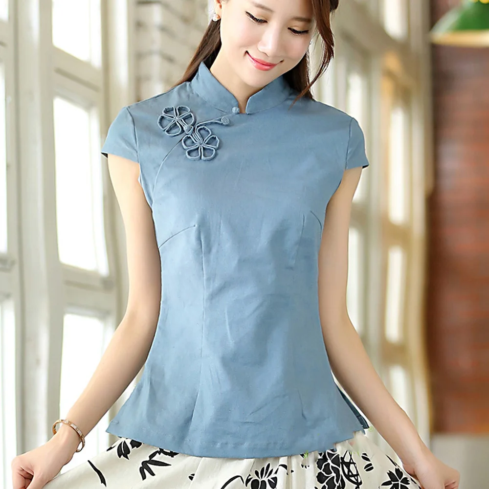 Винтажная Китайская одежда китайский топ Qipao из хлопка и льна с коротким рукавом