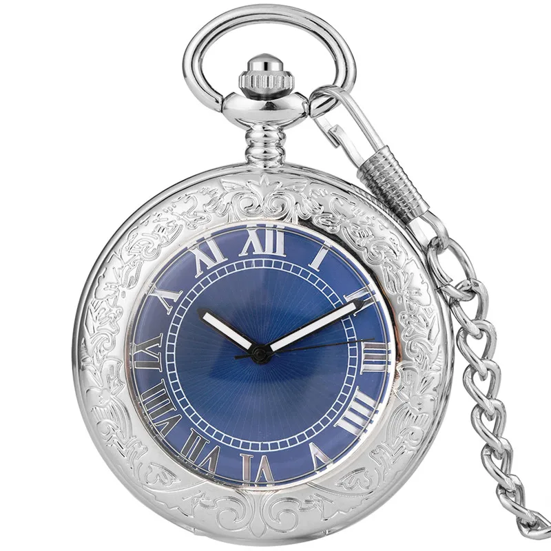 Antique Silver Unisex Pocket Watch Automatic Mechanical Watches for Men Women Roman Number Dial Pendant Clock Luminous Hands