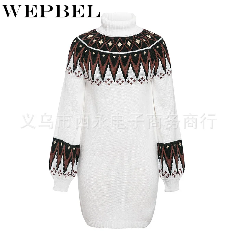 

WEPBEL Women Casual Turtle Print Knitted A-Line Neck Pullover Sweater Geometric Dress Female Autumn Winter Retro Mini Dress