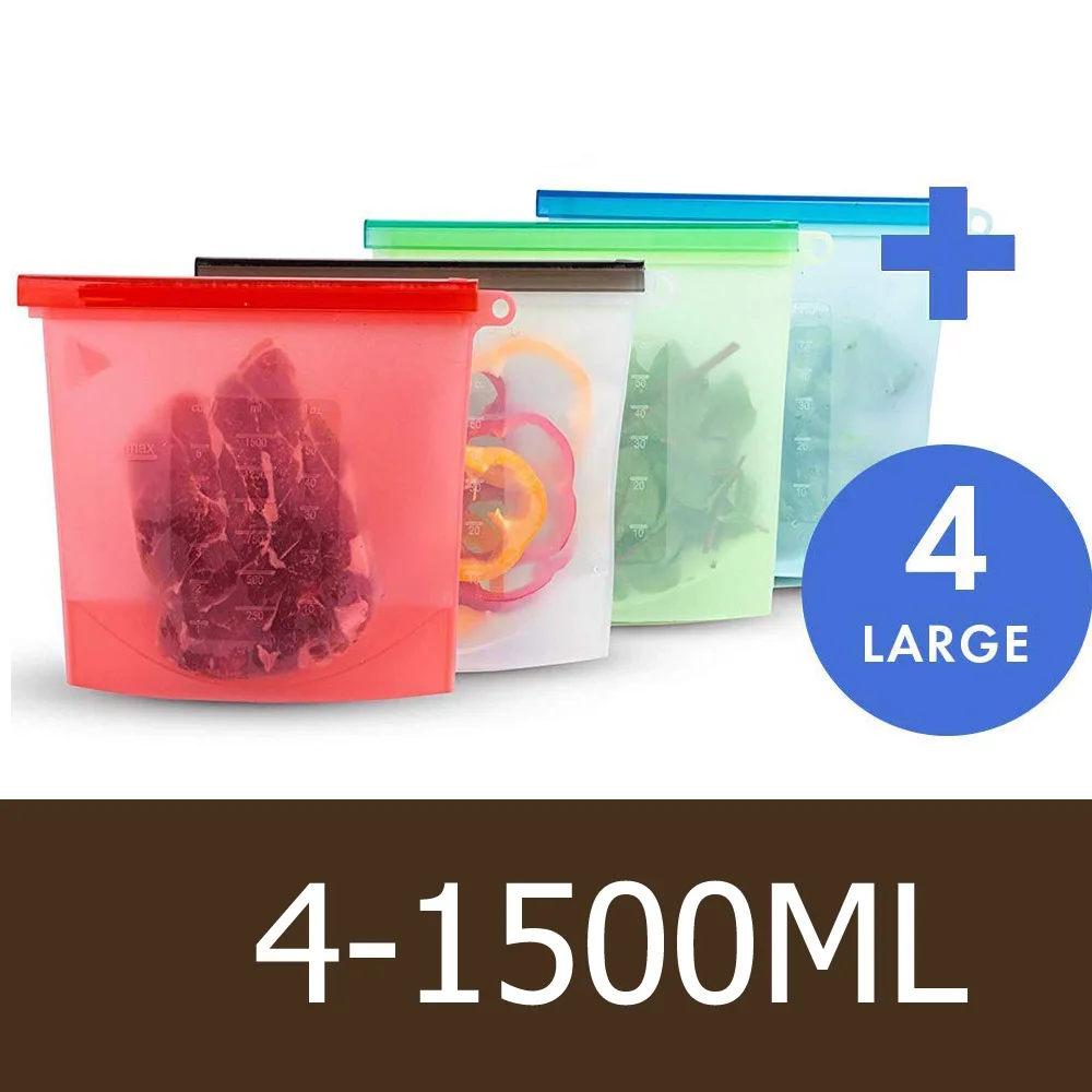 4-1500ml 1000 мл 1500 мл многоразовый силиконовый контейнер для хранения силиконовые Еда сумки для хранения Еда печать Ziplock морозильник Пособия по кулинарии свежий спальные мешки 8 шт./компл - Цвет: 4-1500ml