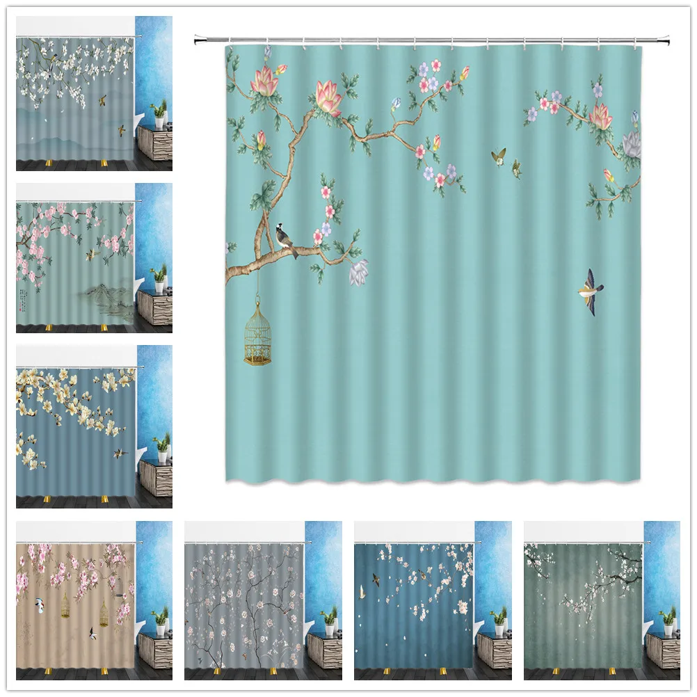 

Chinese Style Shower Curtains Flowers Bird landscape Plant 3D Print Bathroom Home Decor Waterproof Polyester large size240*180CM