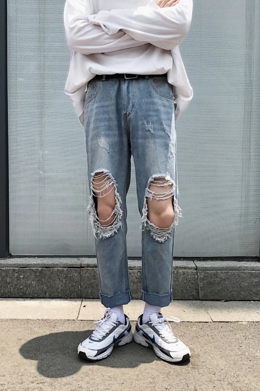 

2020 Spring And Summer New Youth Pop Ins Hole Loose Large Size Jeans Fashion Casual Wild Low Waist Cropped Pants Blue 27-34