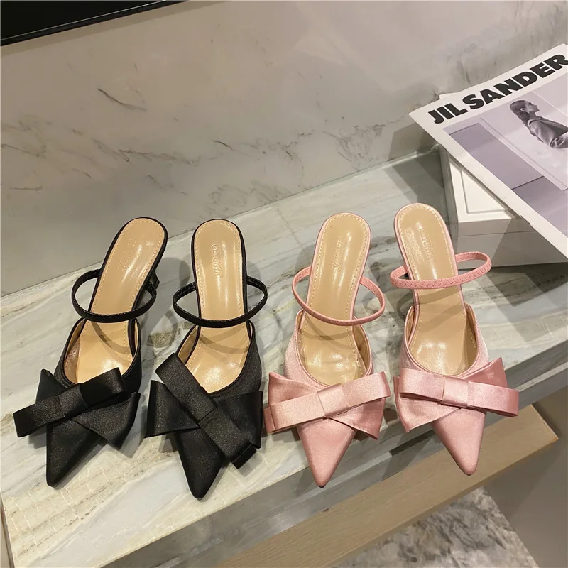 

Low Female Shoes Thin Heels Ladies' Slippers Heeled Mules Pointed Toe Butterfly-Knot Luxury Slides 2021 High Designer Fashion Ro