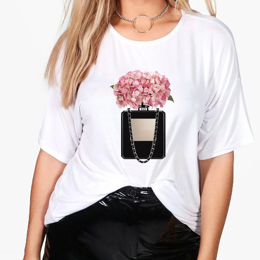 

2021 Hot Selling Woman's T-shirt Black Perfume Bottle Printed Streetwear Short Sleeve Close Nature Spring Autumn Style Top
