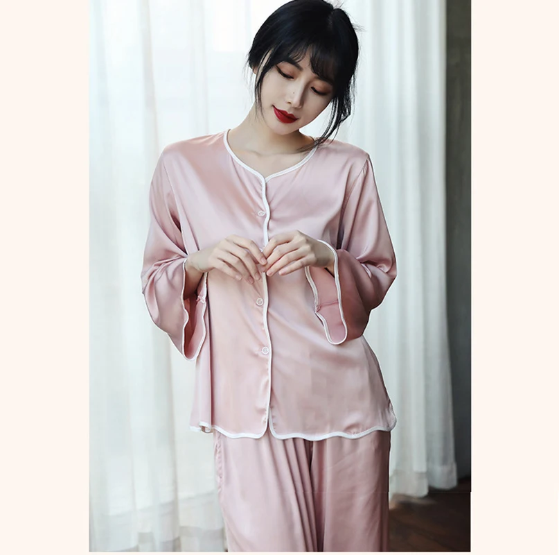

Spring Summer Stain Solid Women Pajamas Set Round Neck Home Clothes Sleepwear 2 Pieces Pijama